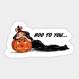 Vintage Witch with Red Hair Lying Down Leaning on Pumpkin Sticker